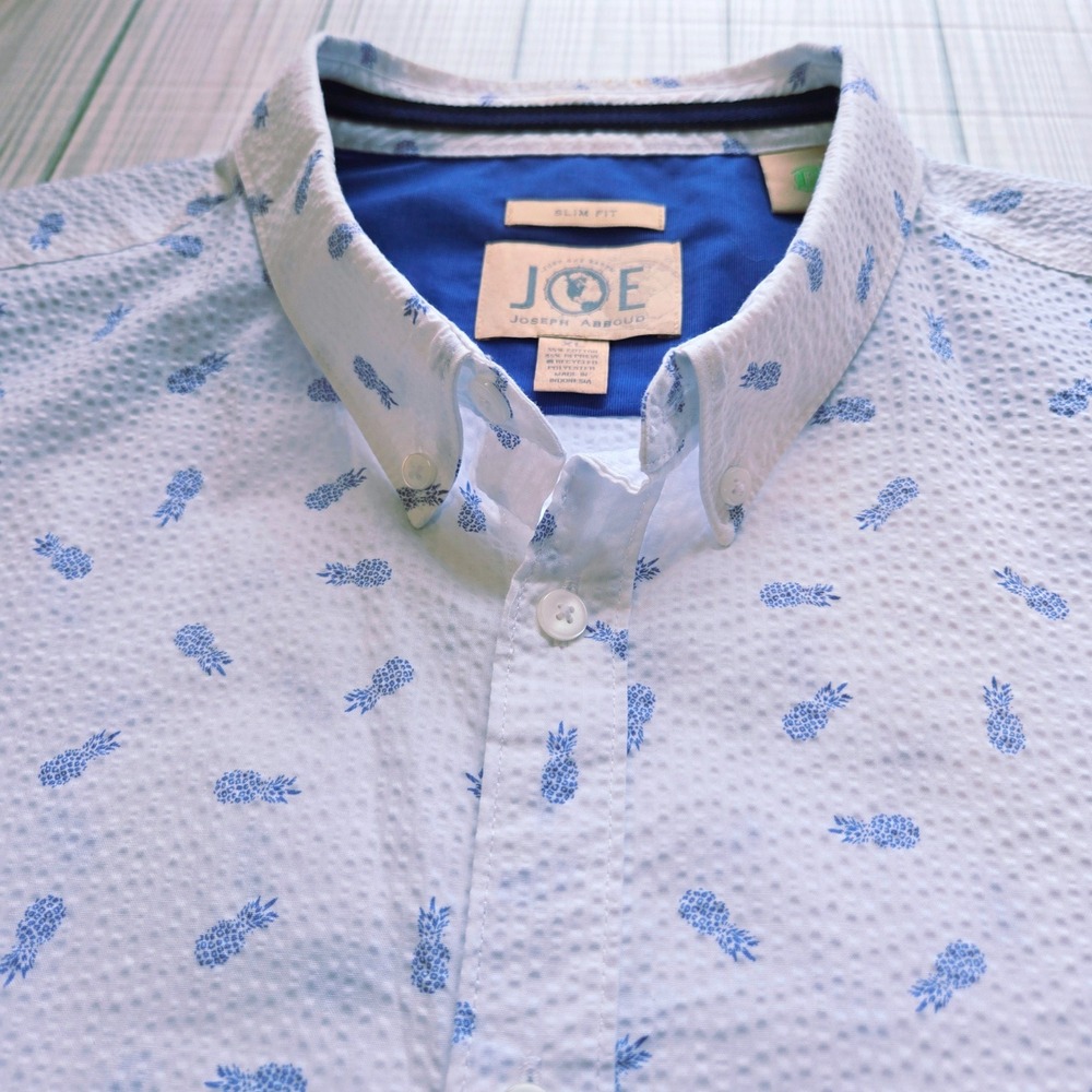 JOE Joseph Abboud Mens XL Slim Fit Seersucker‎ Pineapple Button Down Shirt White